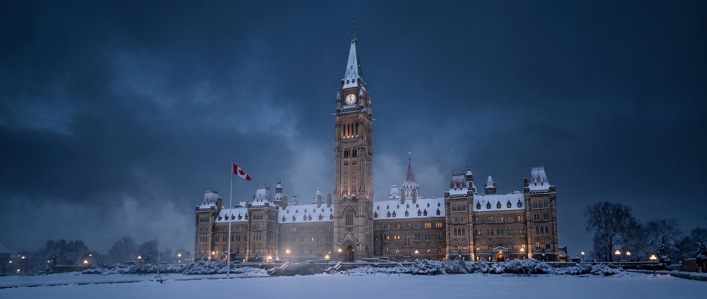 Centre Block of the Canadian Parliament in winter twilight